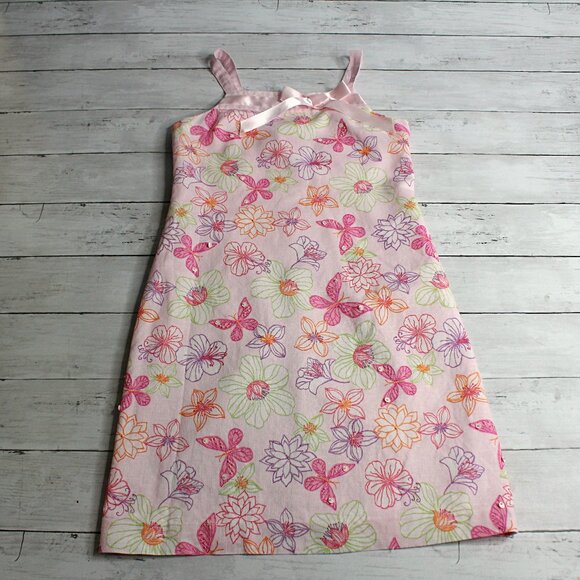 Talbots Kids Girl's Floral Linen Dress Size 10 Pink Sequin Beaded Butterflies - Picture 1 of 7